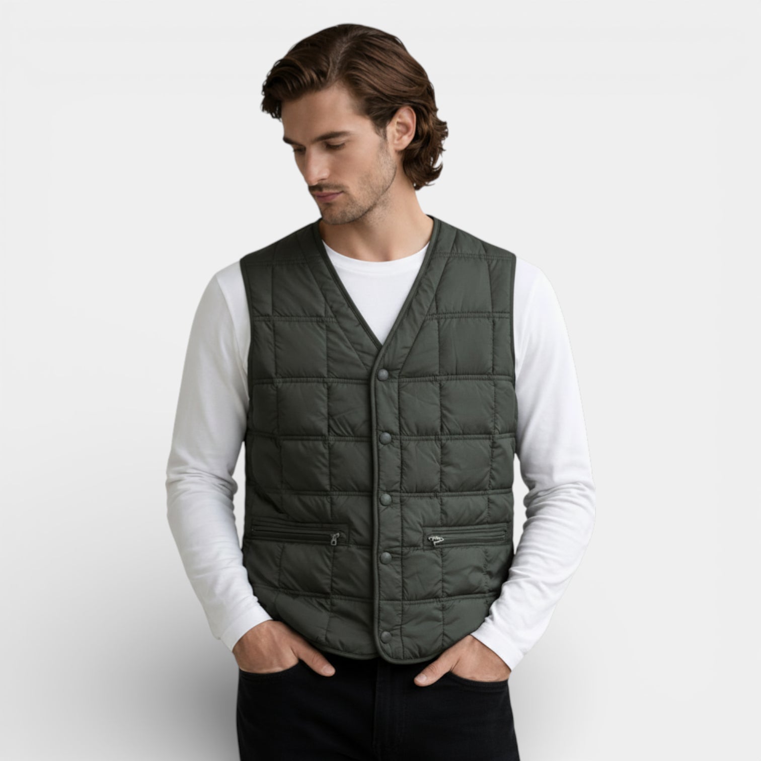 Vintares | Men’s Button-Up Quilted Vest with V-Neck and Zip Pockets