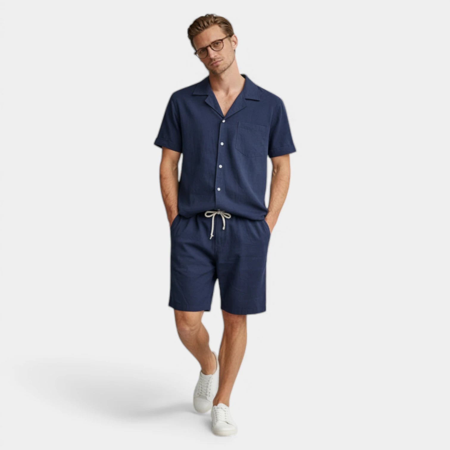 Vintares | Men’s Short Sleeve Button-Up Shirt and Drawstring Shorts Set