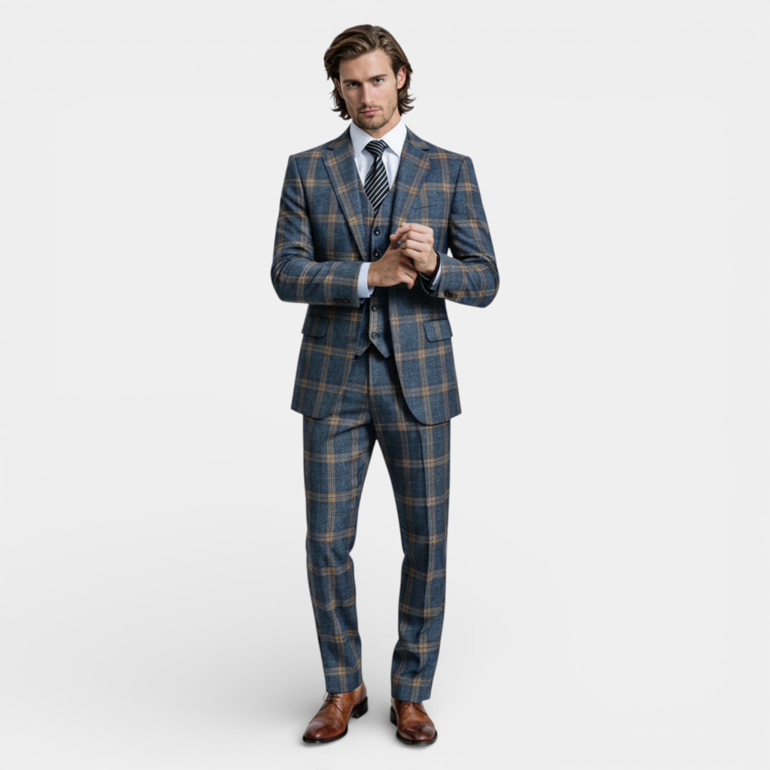 Vintares | Men’s Three Piece Checked Suit Button Up Blazer Vest Trousers Regular Fit