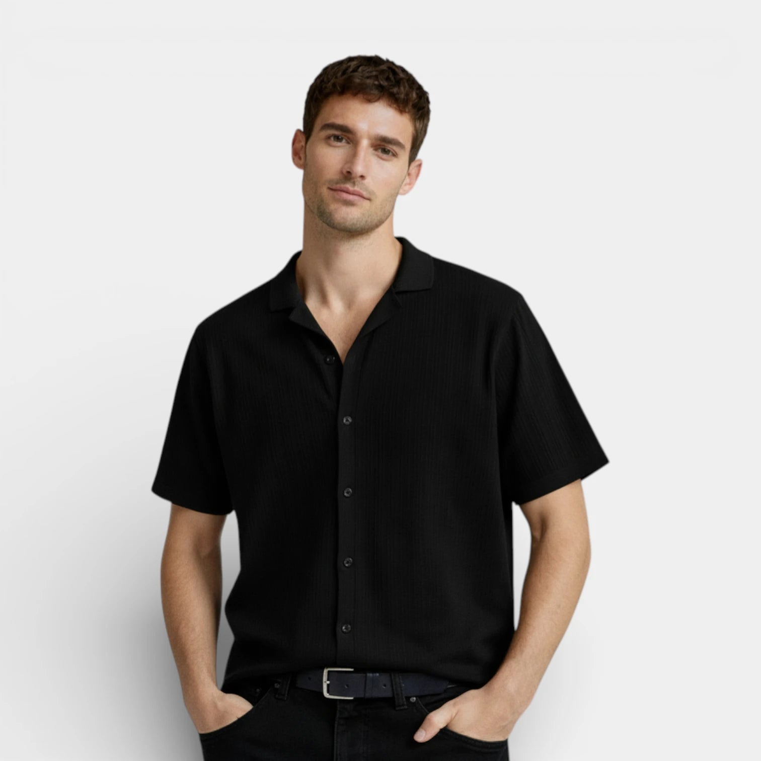 Ribbed Knit Short Sleeve Button-Up Camp Collar for Men