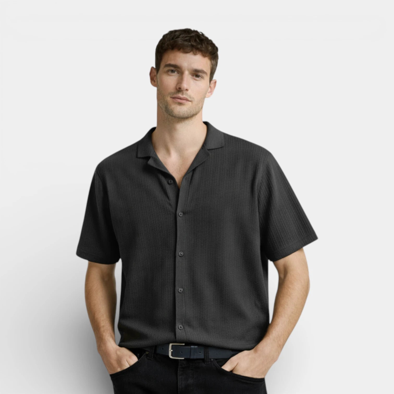 Ribbed Knit Short Sleeve Button-Up Camp Collar for Men