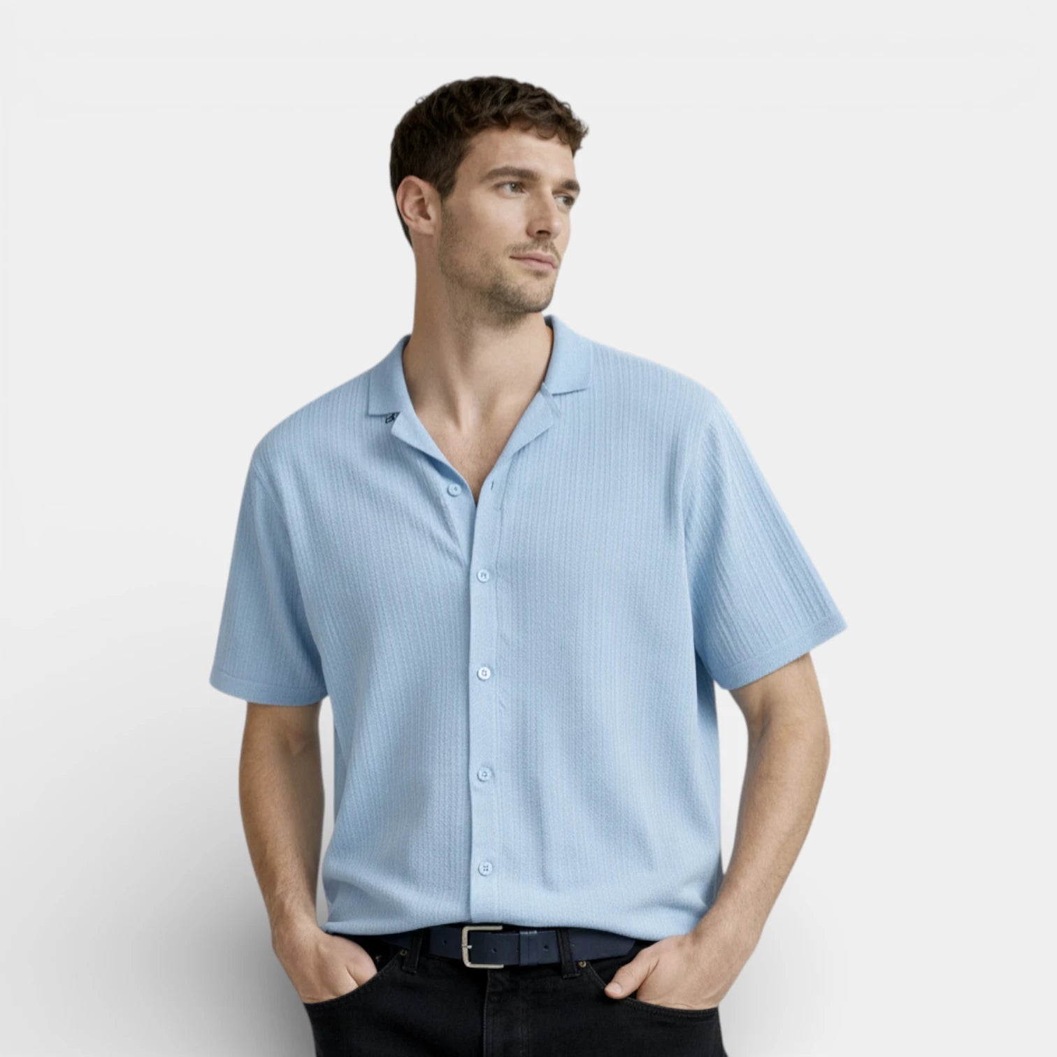 Ribbed Knit Short Sleeve Button-Up Camp Collar for Men