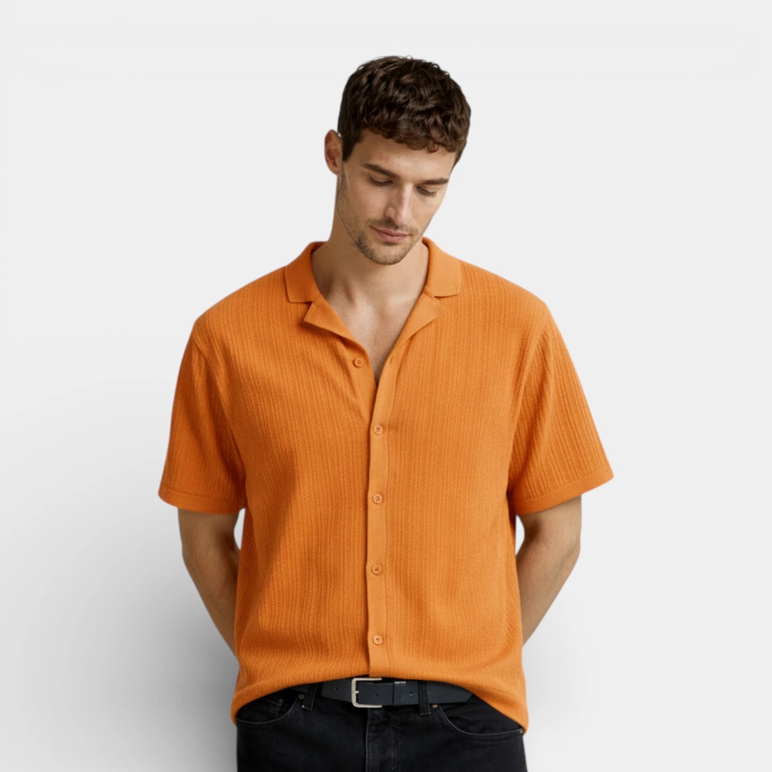 Ribbed Knit Short Sleeve Button-Up Camp Collar for Men