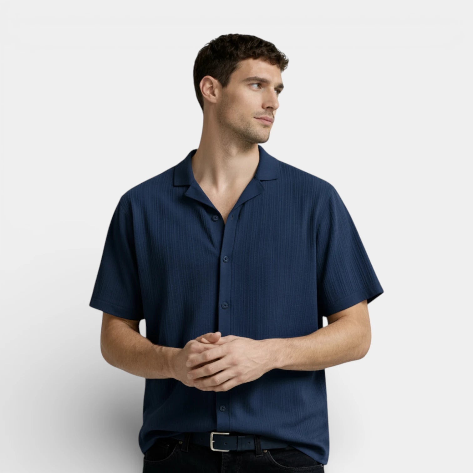 Ribbed Knit Short Sleeve Button-Up Camp Collar for Men