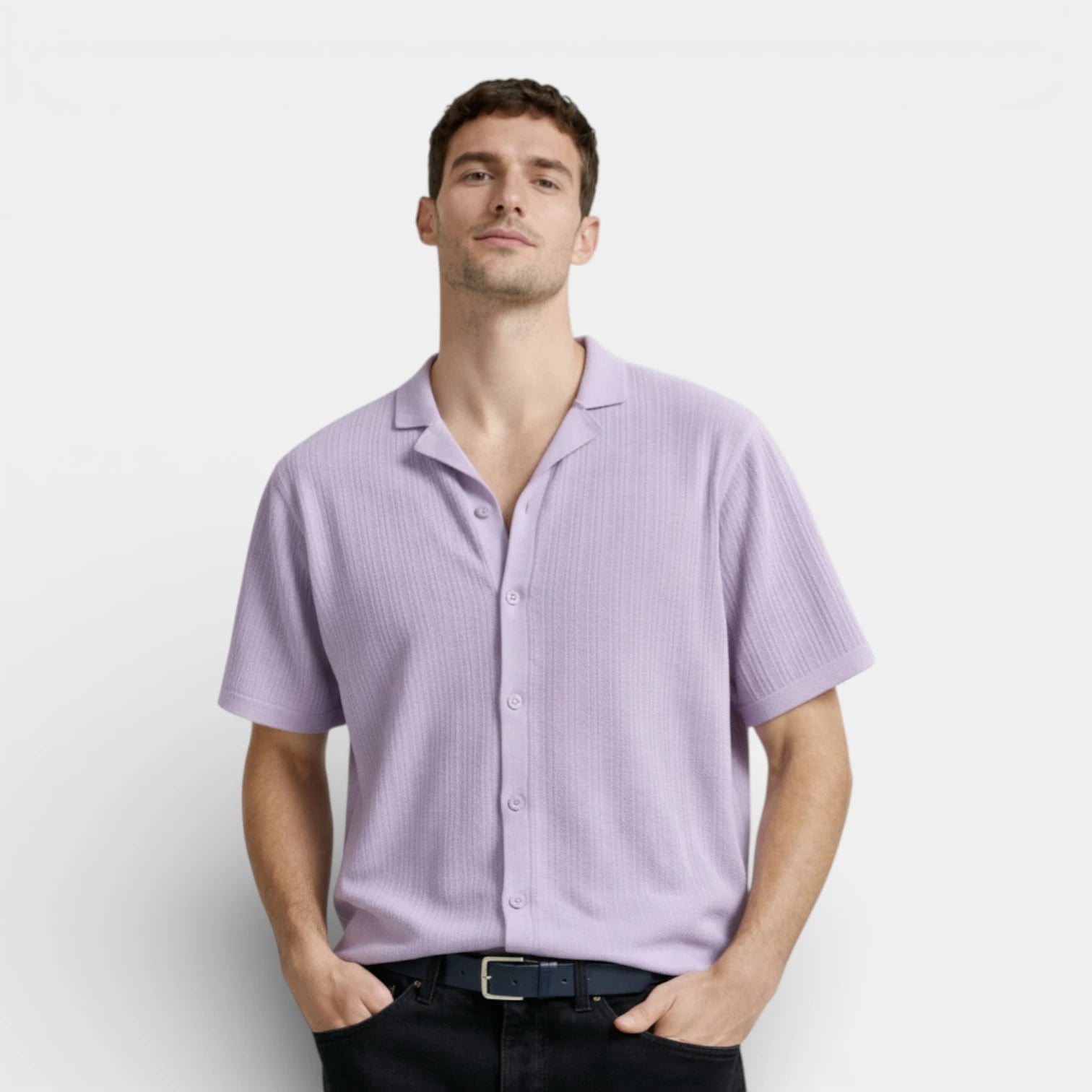 Ribbed Knit Short Sleeve Button-Up Camp Collar for Men