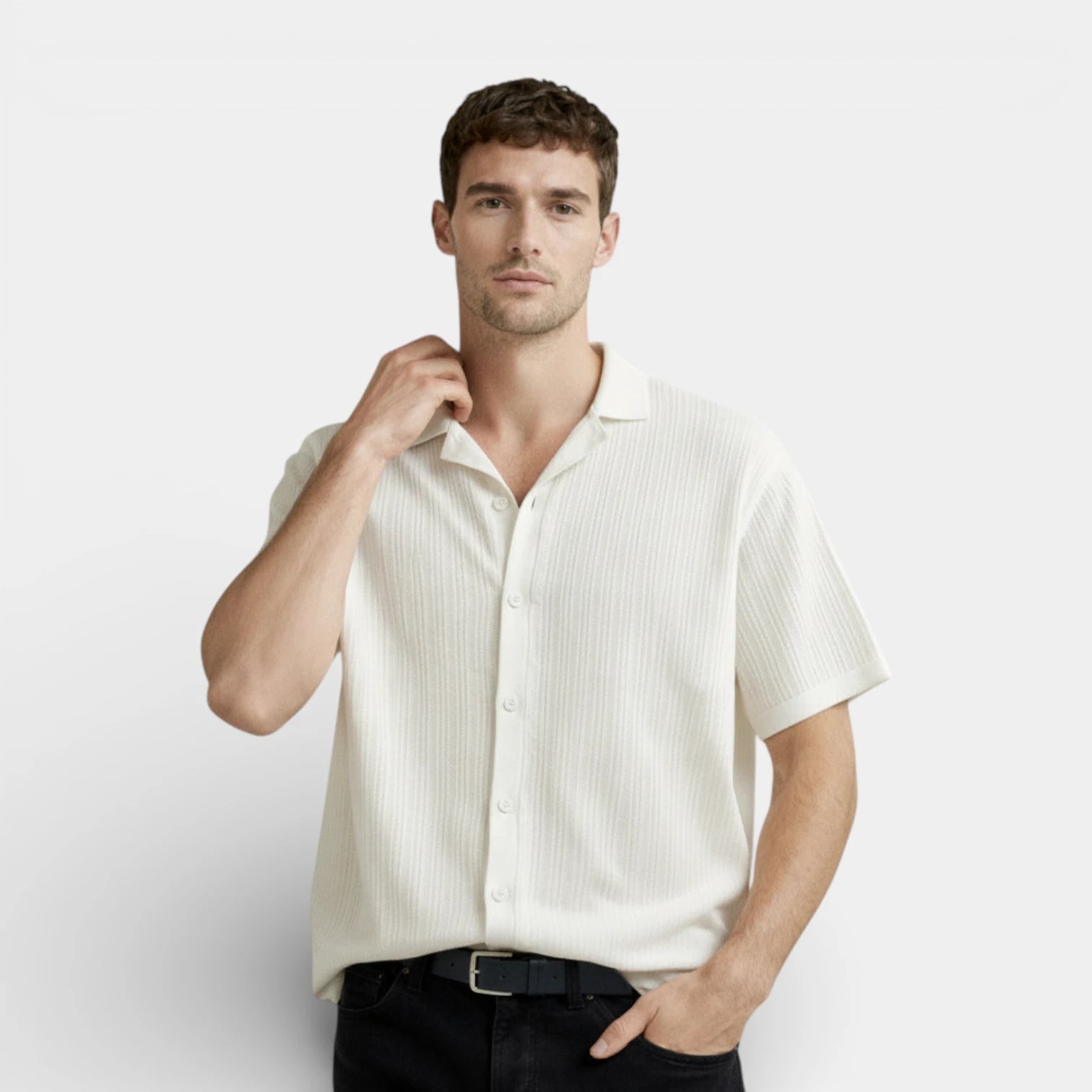 Ribbed Knit Short Sleeve Button-Up Camp Collar for Men