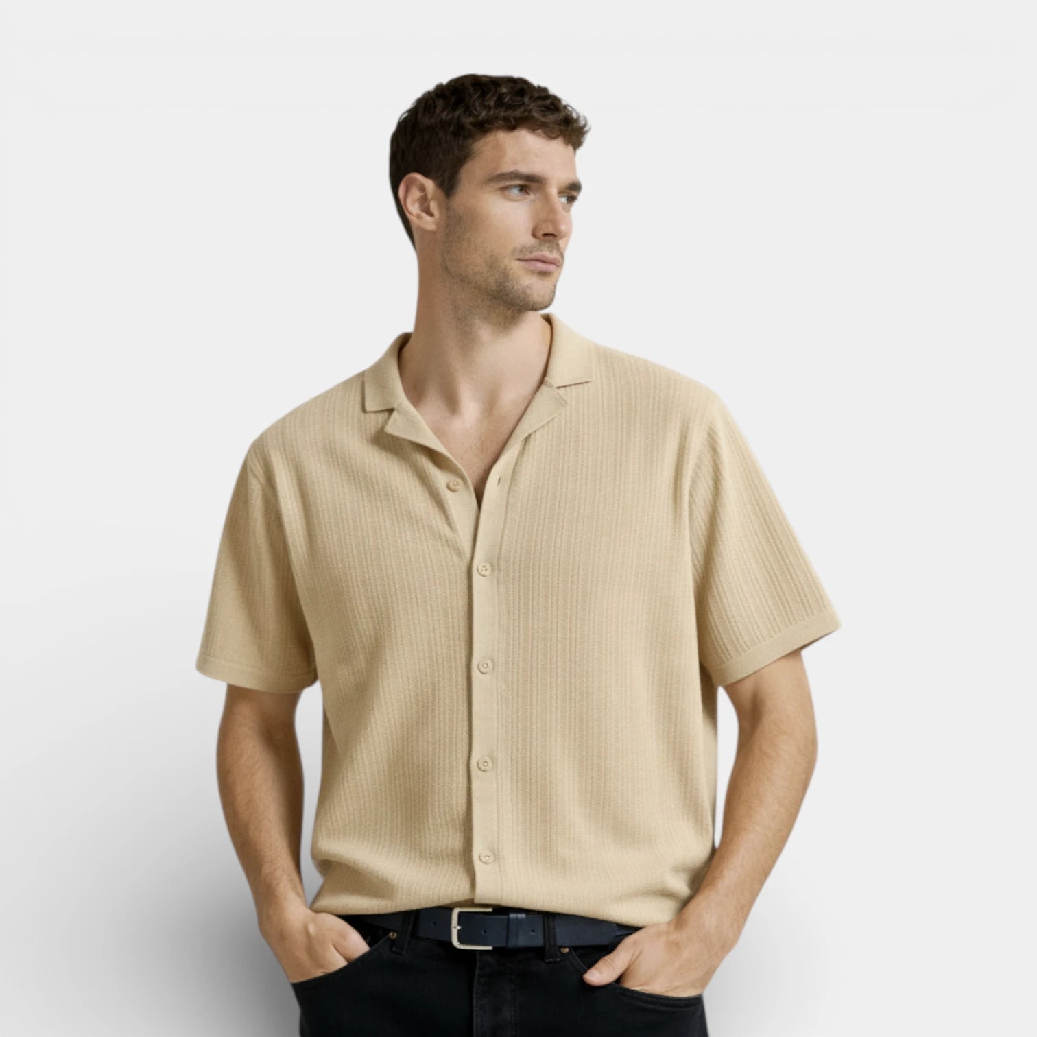 Ribbed Knit Short Sleeve Button-Up Camp Collar for Men