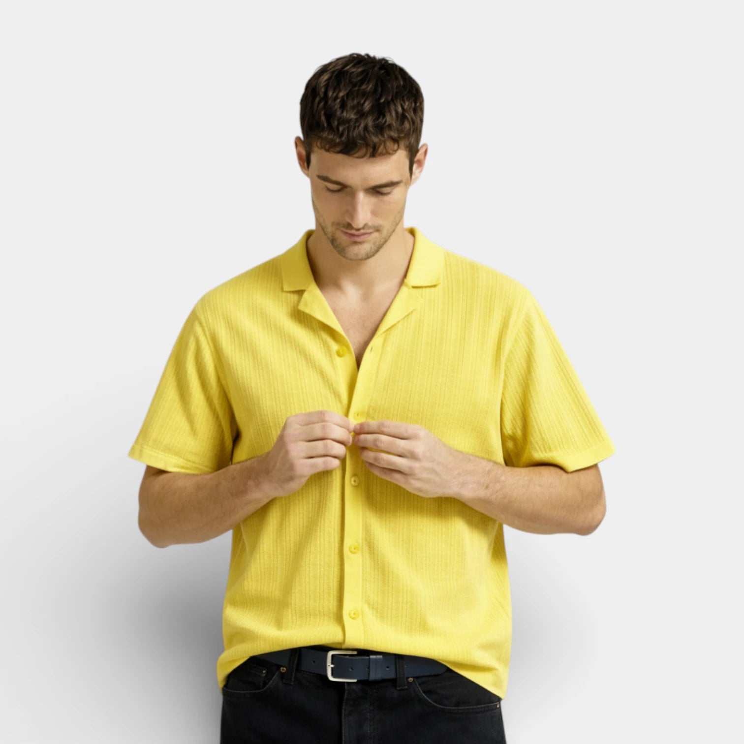 Ribbed Knit Short Sleeve Button-Up Camp Collar for Men