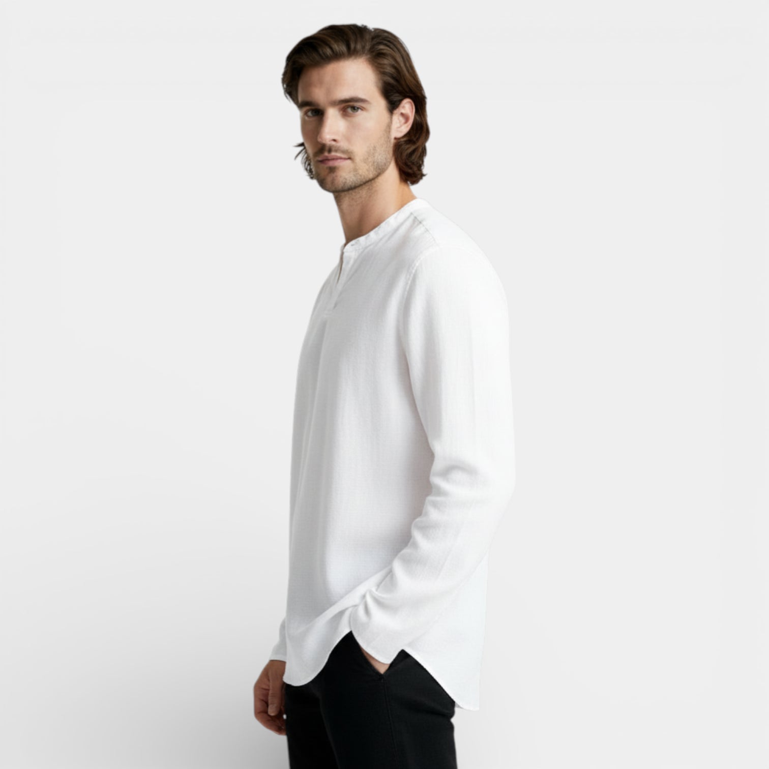 Split-Neck Pullover Shirt Long Sleeve Regular Fit for Men