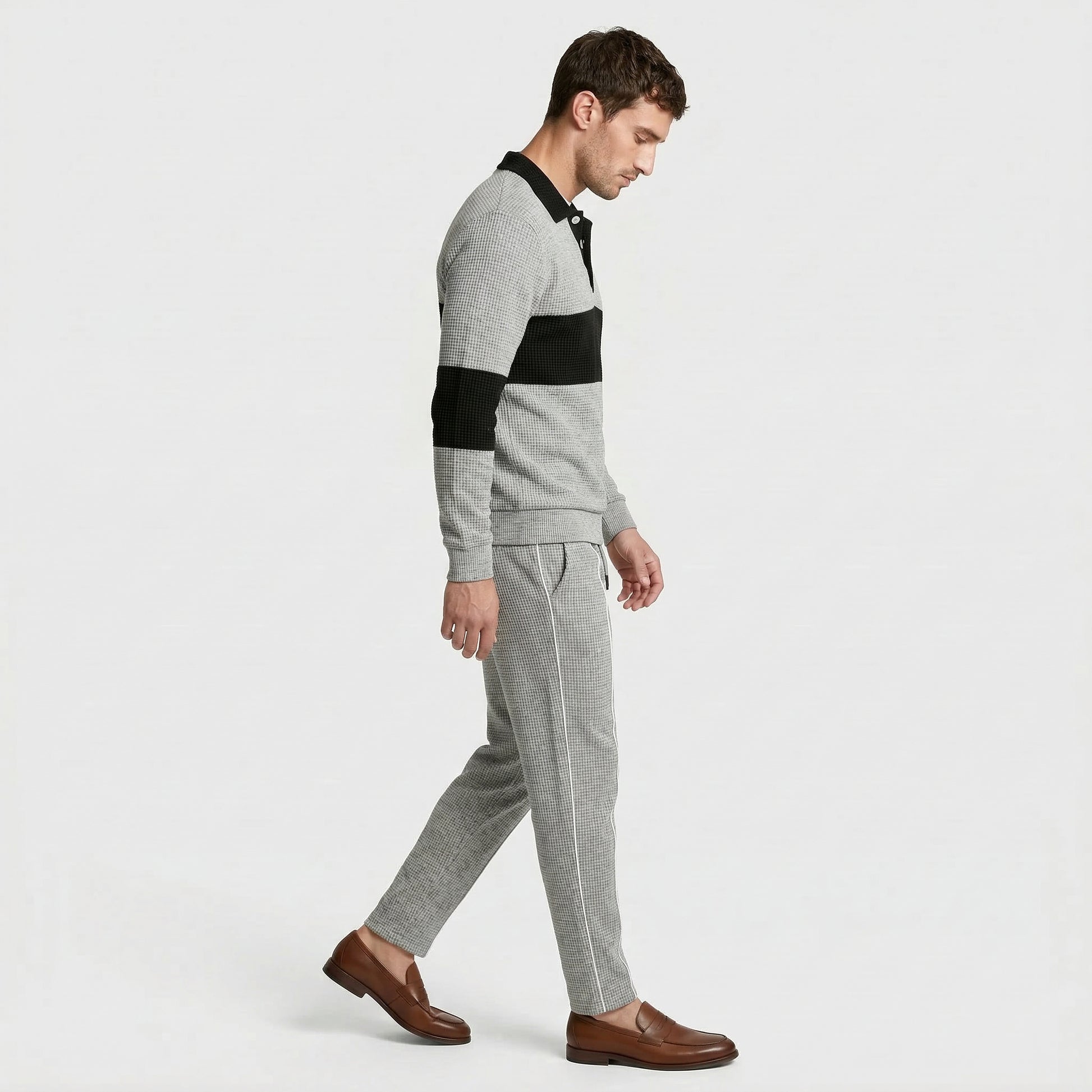Waffle Knit Color Block Polo Sweatshirt Pants Set for Men