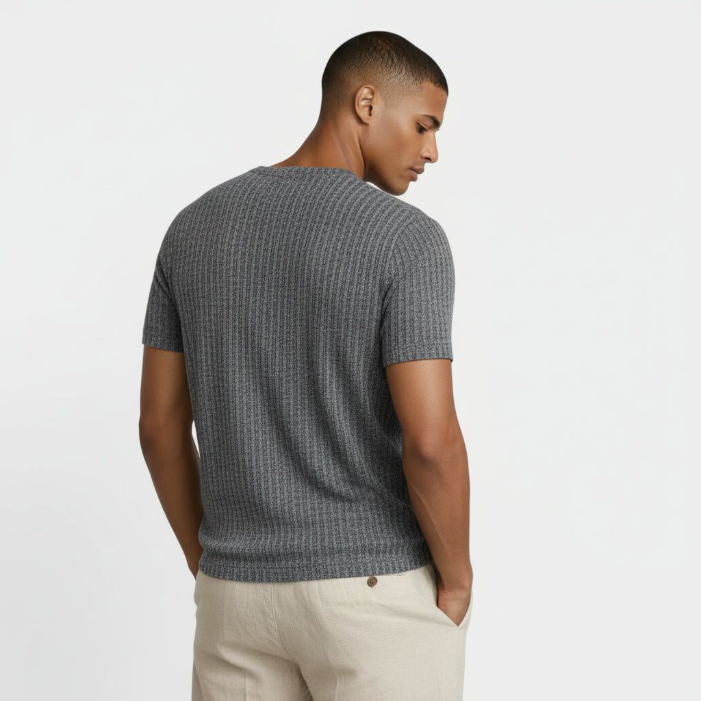 Ribbed V-Neck Knit T-Shirt Short Sleeve for Men