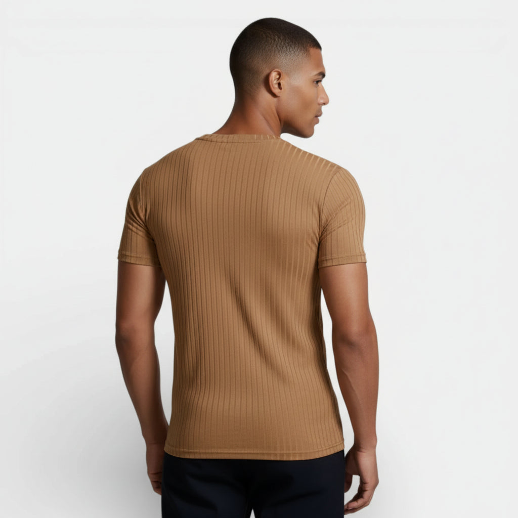 Ribbed V-Neck Knit T-Shirt Short Sleeve for Men