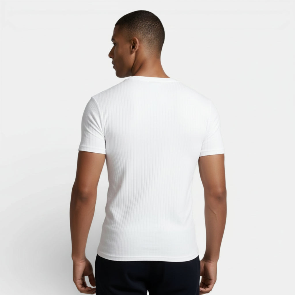 Ribbed V-Neck Knit T-Shirt Short Sleeve for Men