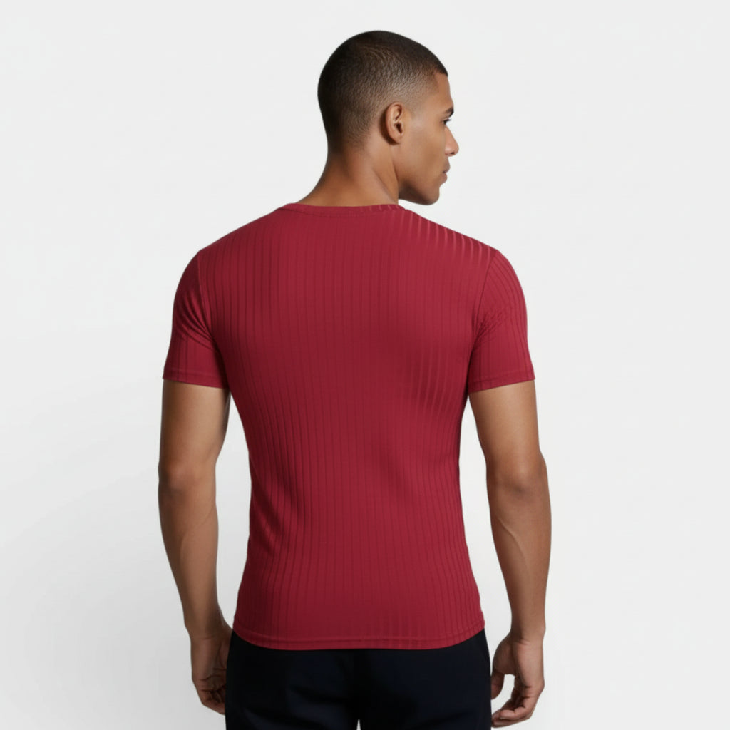 Ribbed V-Neck Knit T-Shirt Short Sleeve for Men