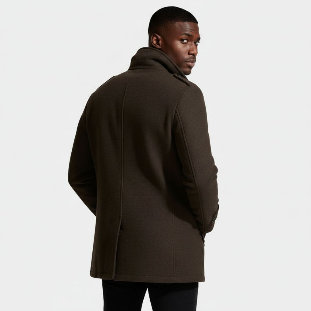 Mid-Length Wool-Style Coat Stand Collar Regular Fit for Men