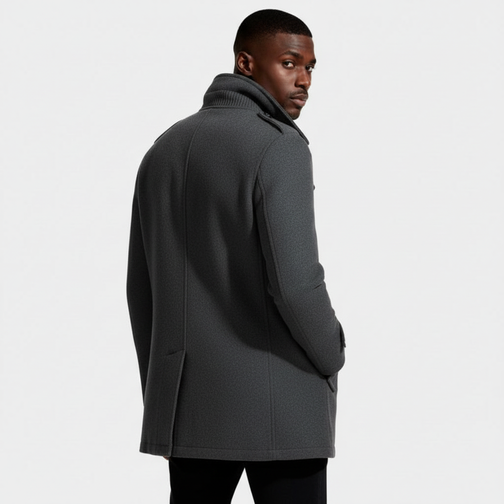 Mid-Length Wool-Style Coat Stand Collar Regular Fit for Men
