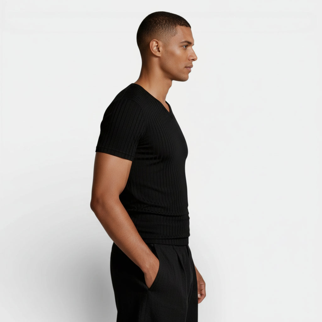 Ribbed V-Neck Knit T-Shirt Short Sleeve for Men
