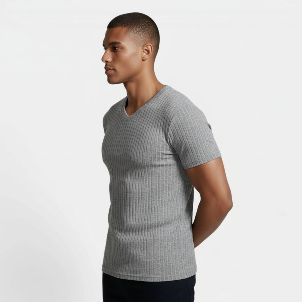 Ribbed V-Neck Knit T-Shirt Short Sleeve for Men