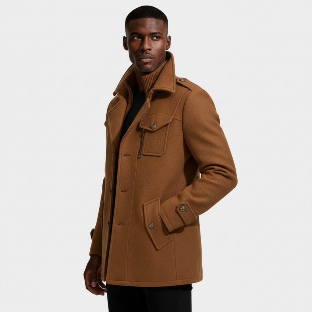 Mid-Length Wool-Style Coat Stand Collar Regular Fit for Men