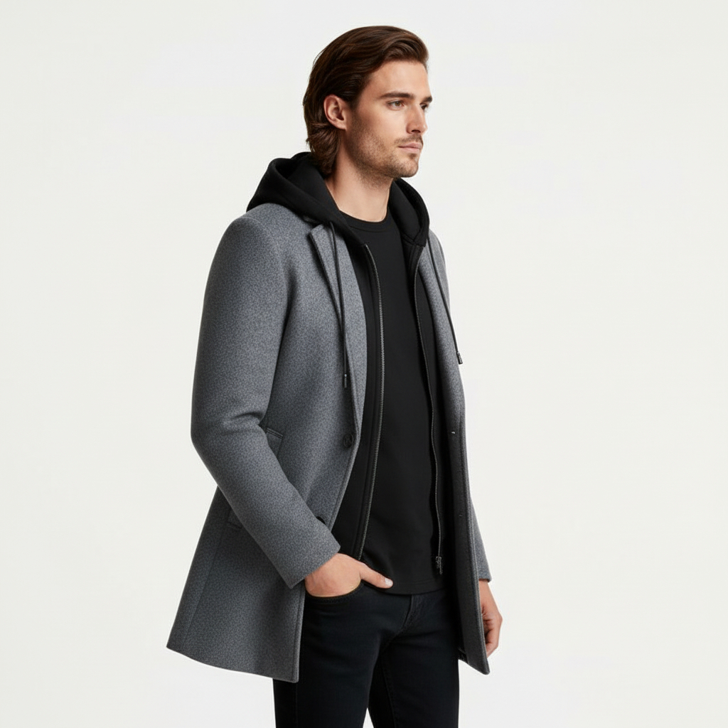 Hooded Overcoat Layered Zip-Button Front for Men