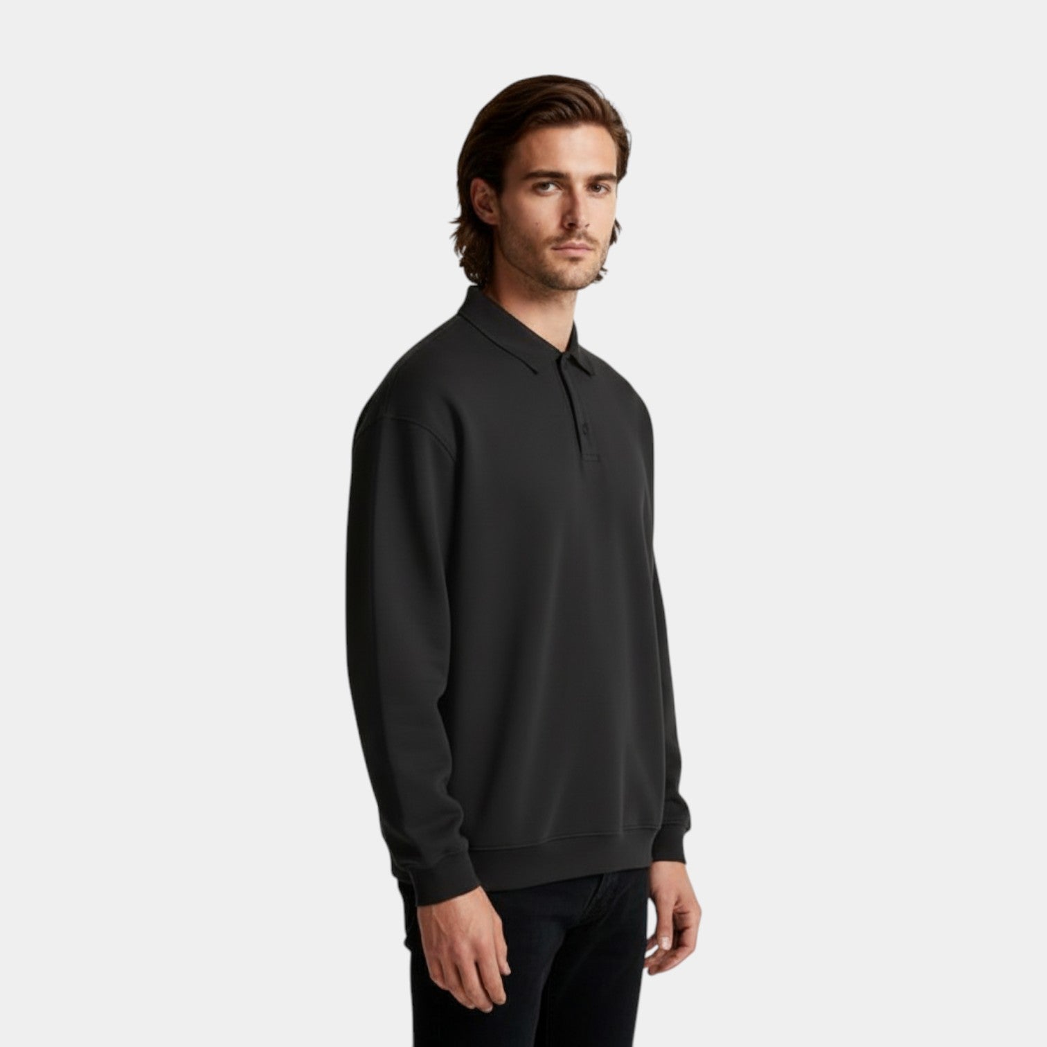Long Sleeve Polo Pullover Ribbed Cuffs Relaxed Fit for Men