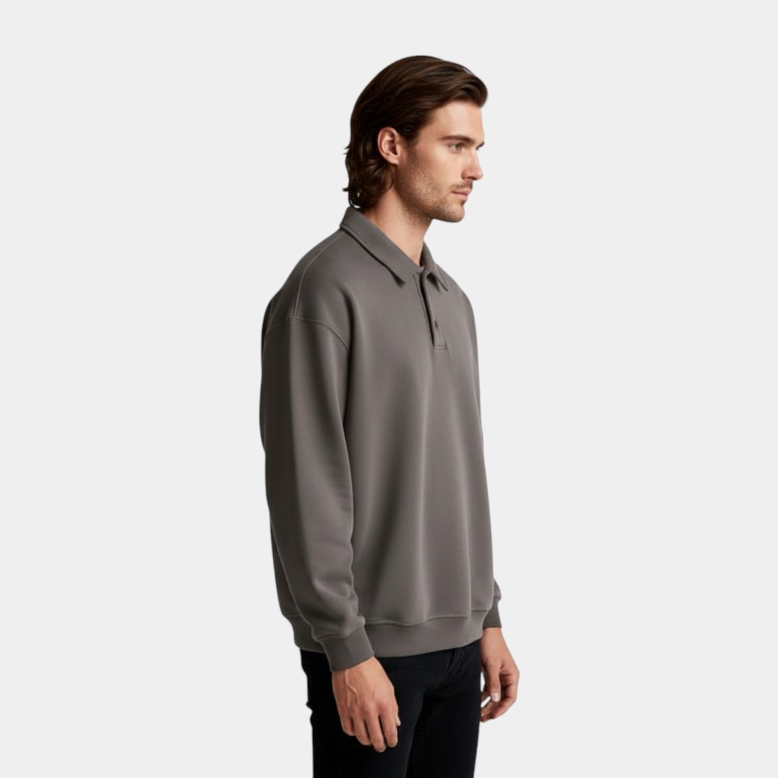 Long Sleeve Polo Pullover Ribbed Cuffs Relaxed Fit for Men