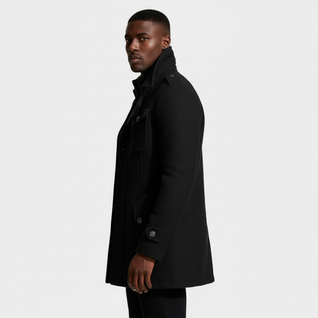 Mid-Length Wool-Style Coat Stand Collar Regular Fit for Men