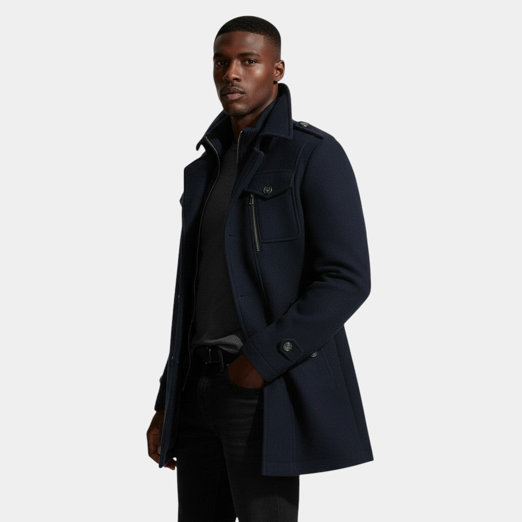 Mid-Length Wool-Style Coat Stand Collar Regular Fit for Men