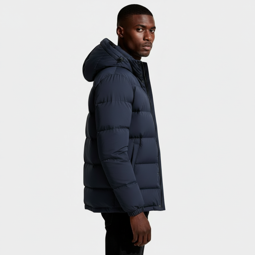 Hooded Long Puffer Coat Structured Fit for Men