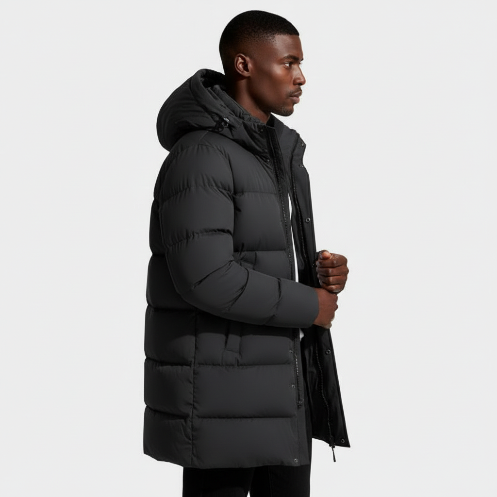 Hooded Long Puffer Coat Structured Fit for Men