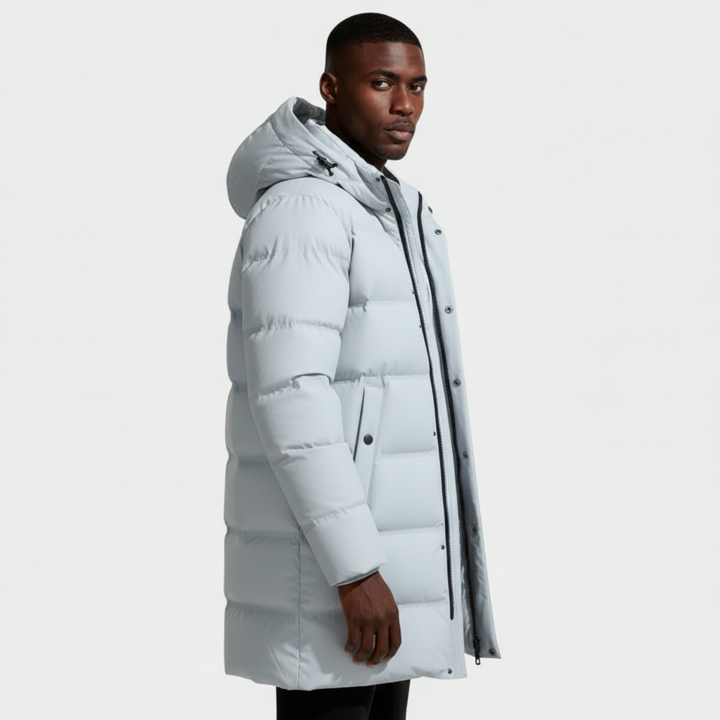 Hooded Long Puffer Coat Structured Fit for Men