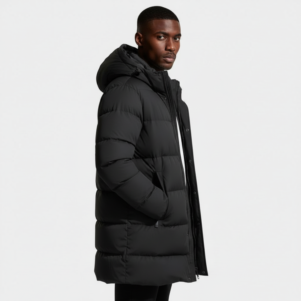 Hooded Long Puffer Coat Structured Fit for Men