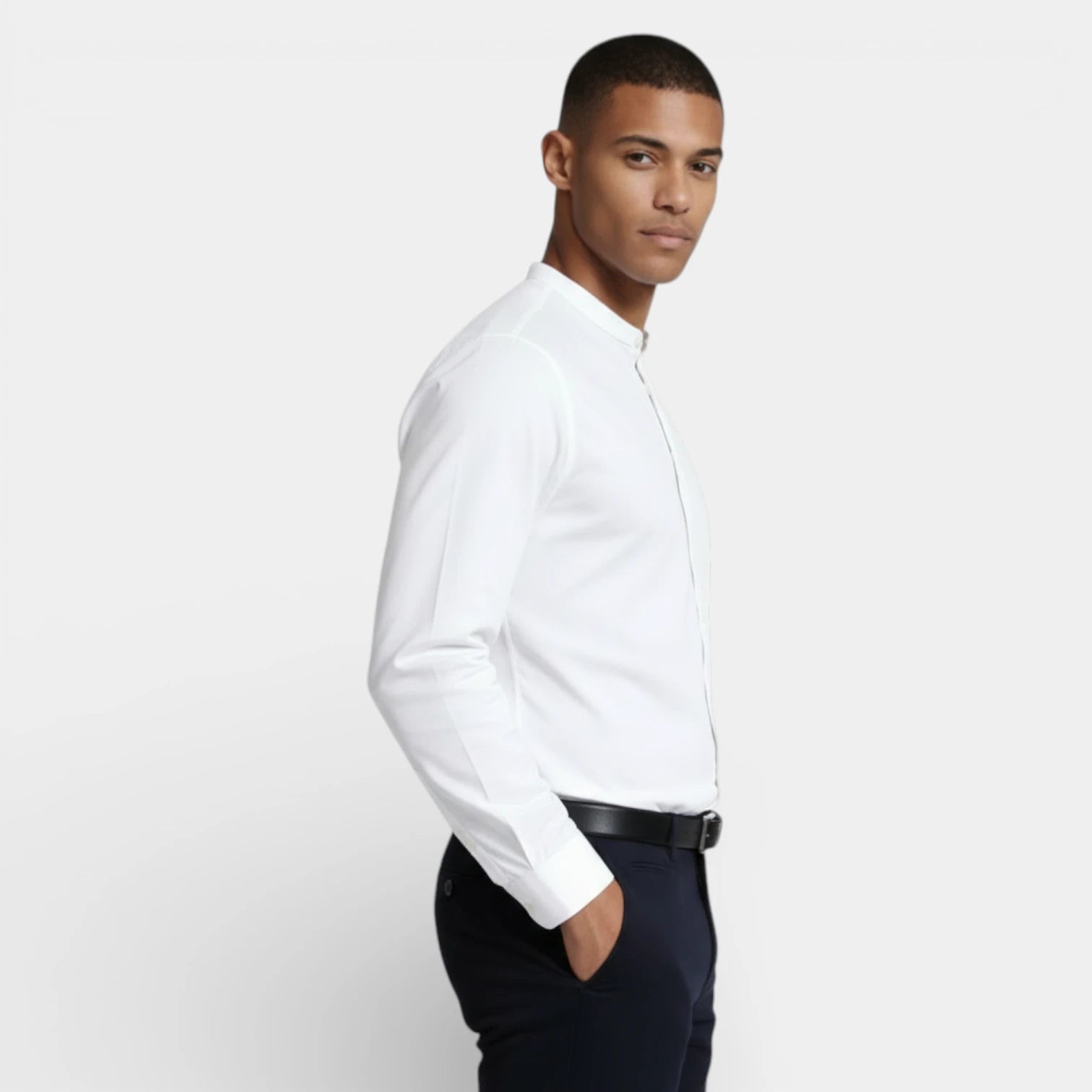 Band Collar Button-Up Shirt Long Sleeve for Men