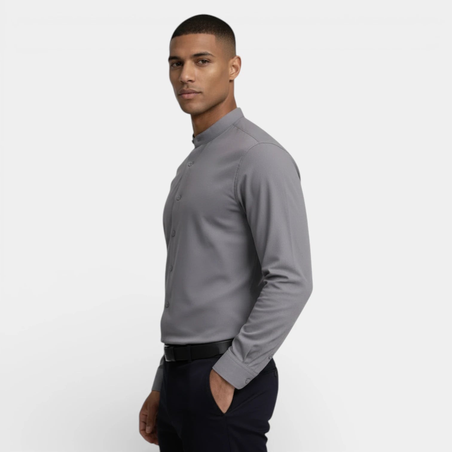 Band Collar Button-Up Shirt Long Sleeve for Men