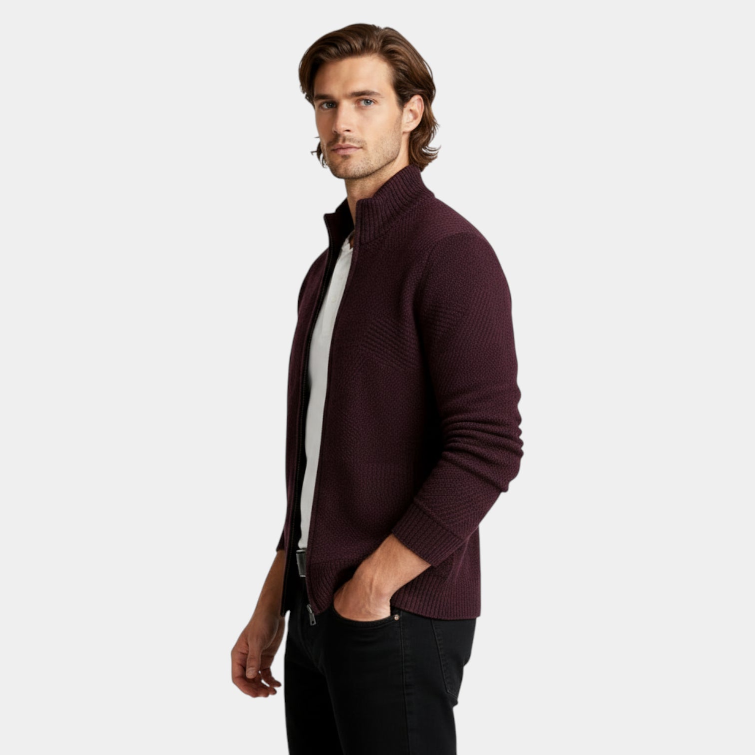 Zip-Front Knit Jacket Stand Collar Regular Fit for Men