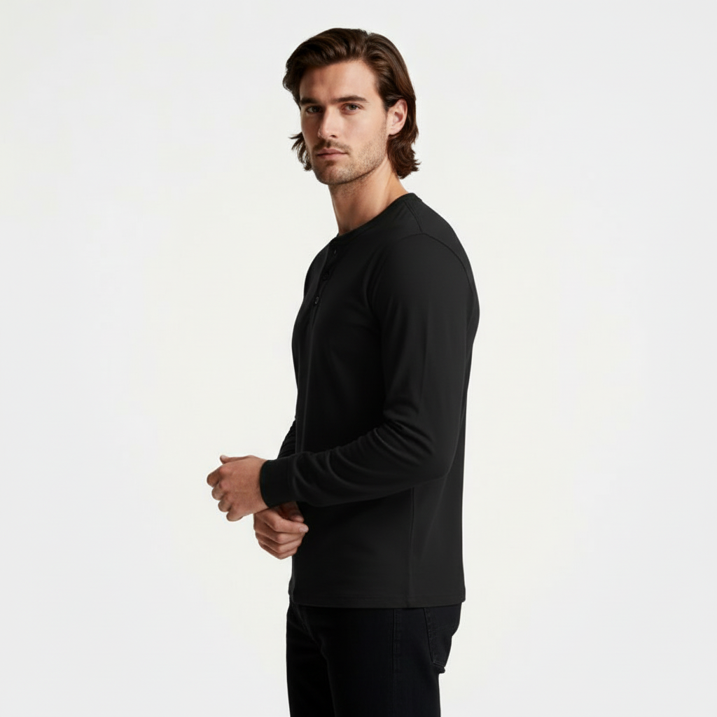 Long Sleeve Henley Shirt Button Placket Regular Fit for Men