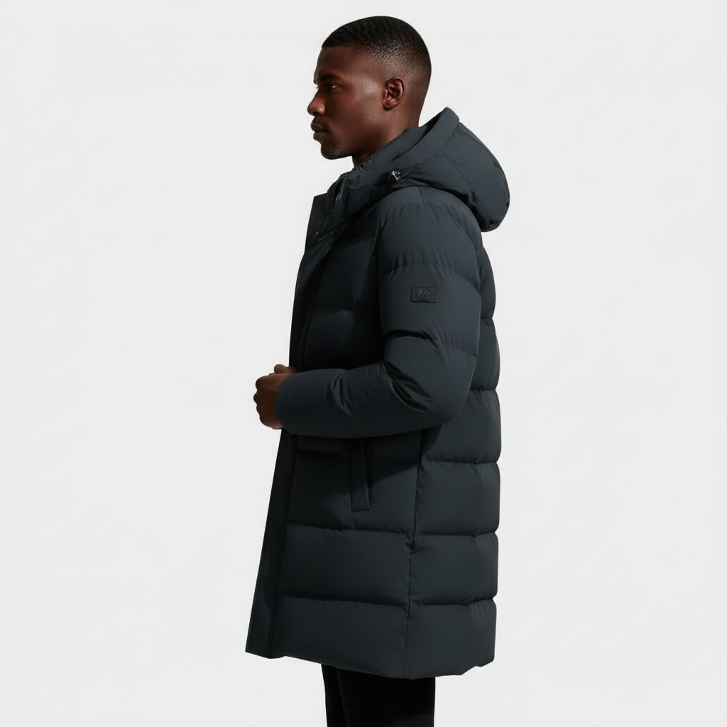 Hooded Long Puffer Coat Structured Fit for Men