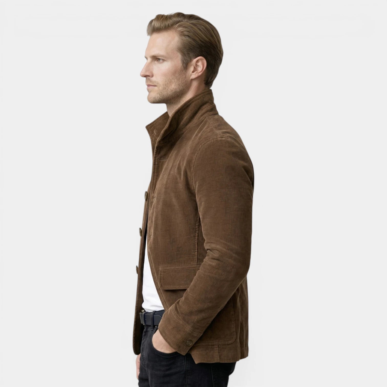Stand Collar Corduroy Button-Up Jacket Regular Fit for Men