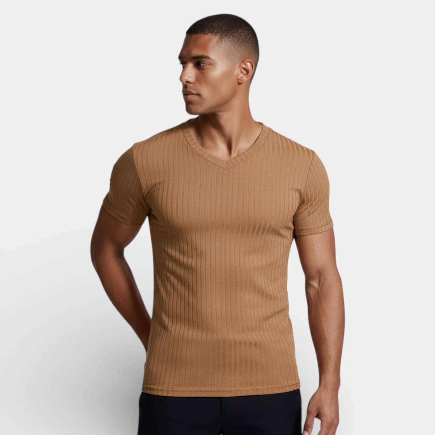 Ribbed V-Neck Knit T-Shirt Short Sleeve for Men