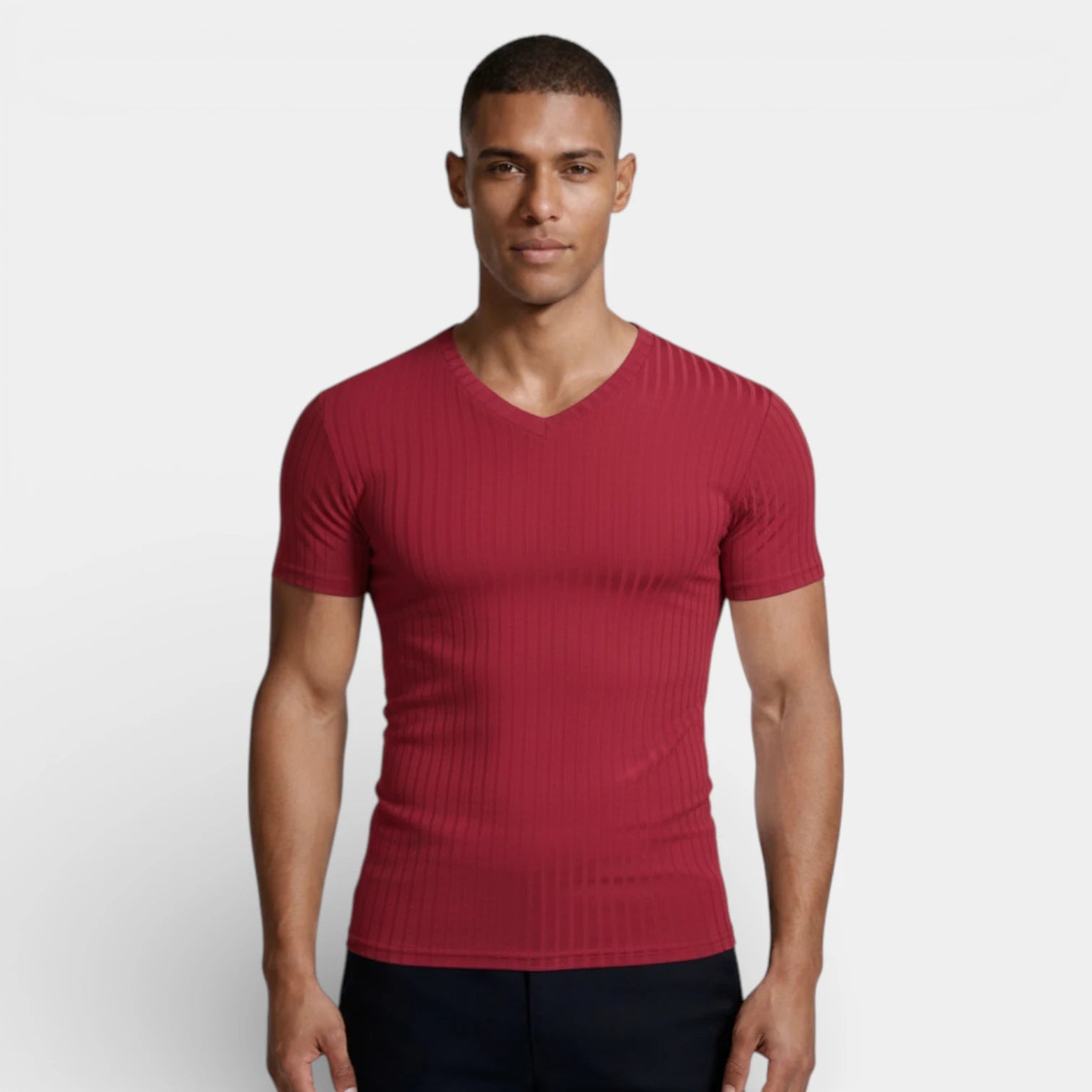 Ribbed V-Neck Knit T-Shirt Short Sleeve for Men