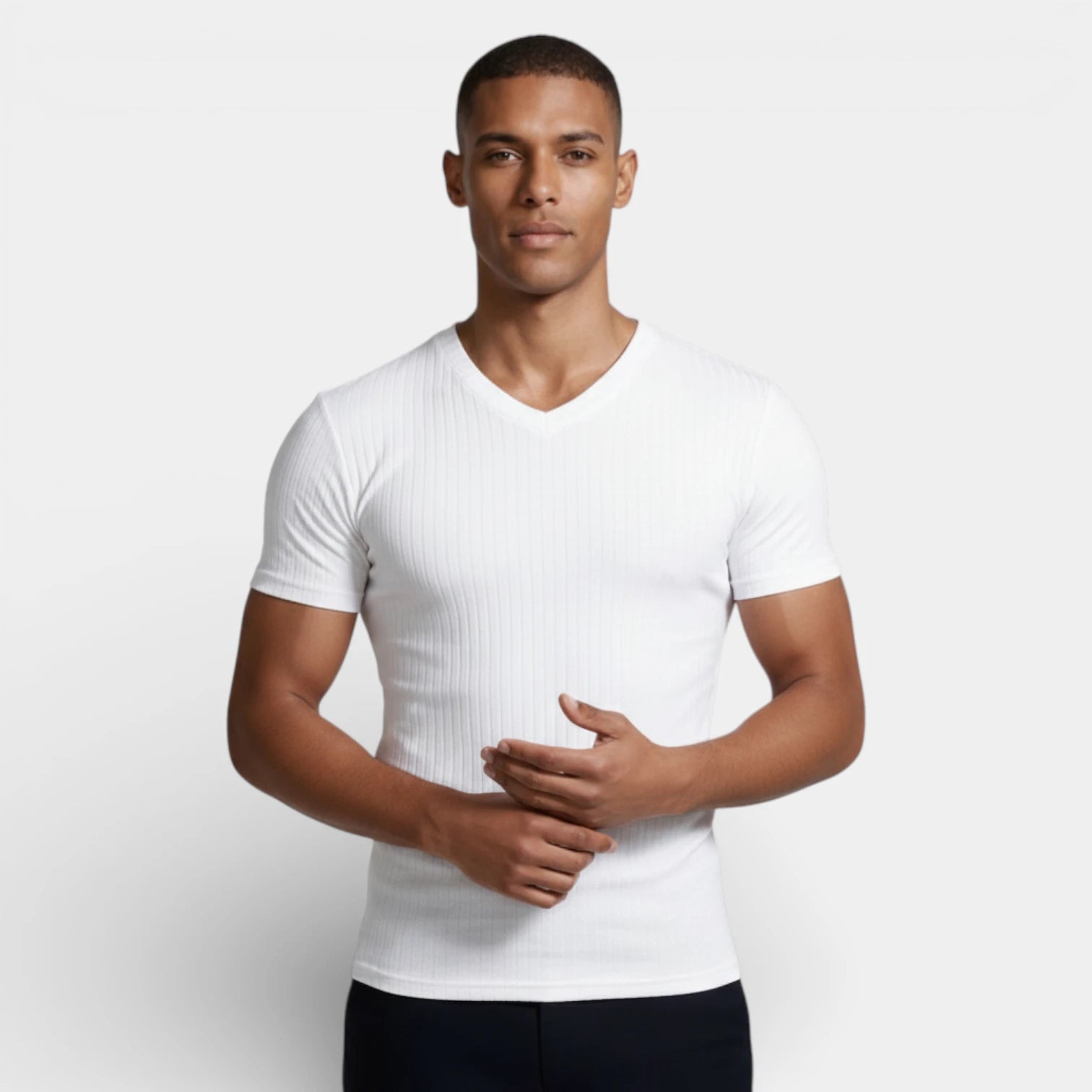 Ribbed V-Neck Knit T-Shirt Short Sleeve for Men