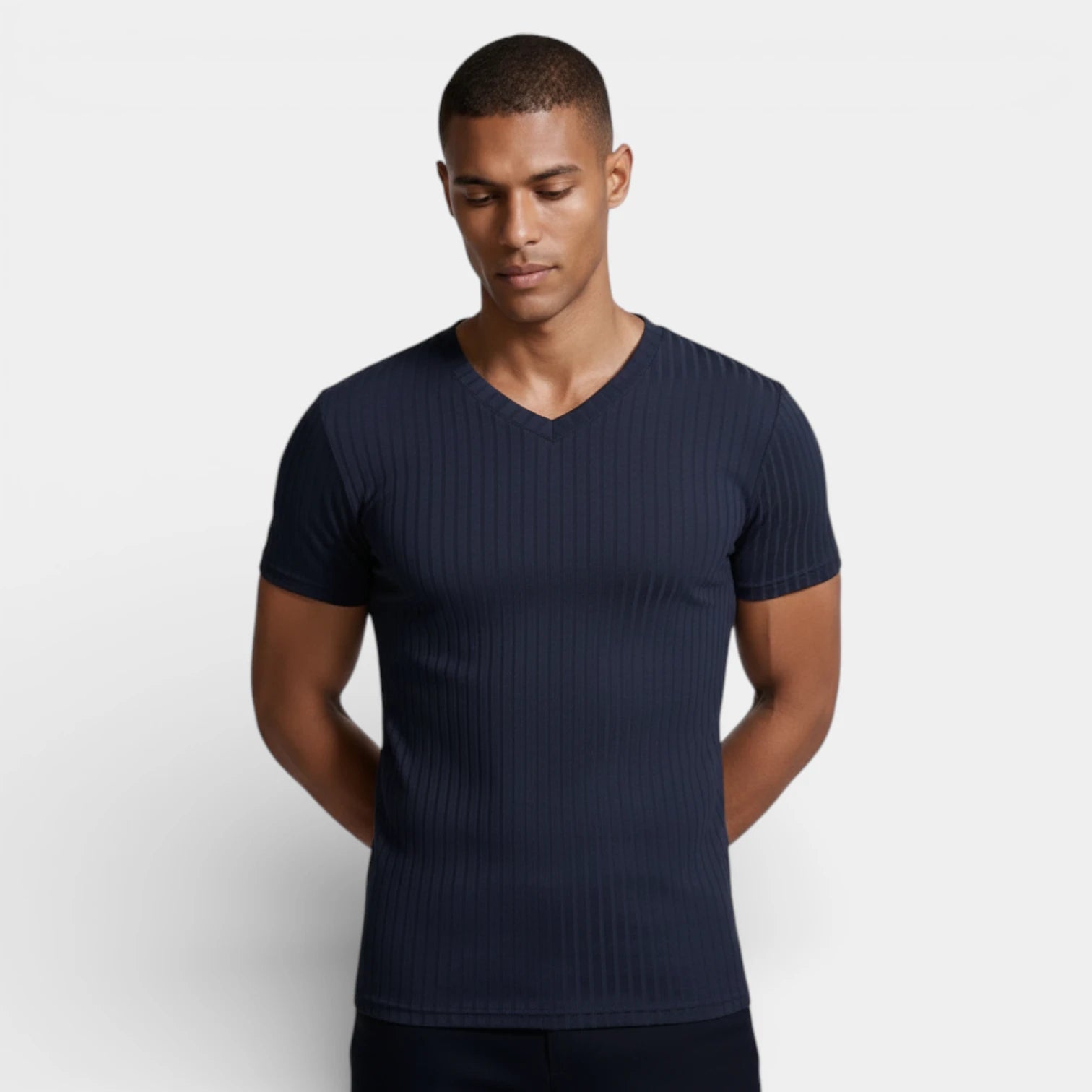 Ribbed V-Neck Knit T-Shirt Short Sleeve for Men