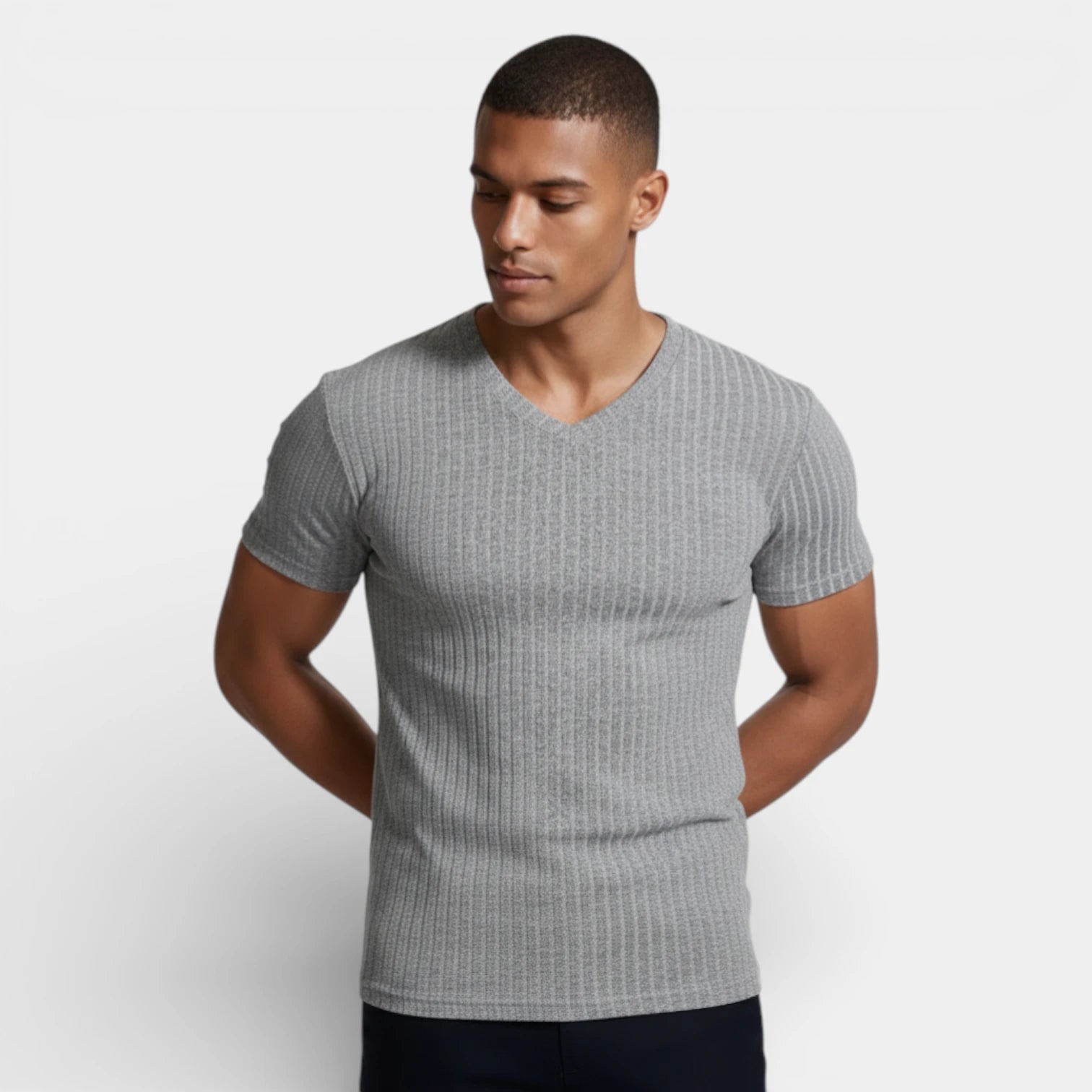 Ribbed V-Neck Knit T-Shirt Short Sleeve for Men