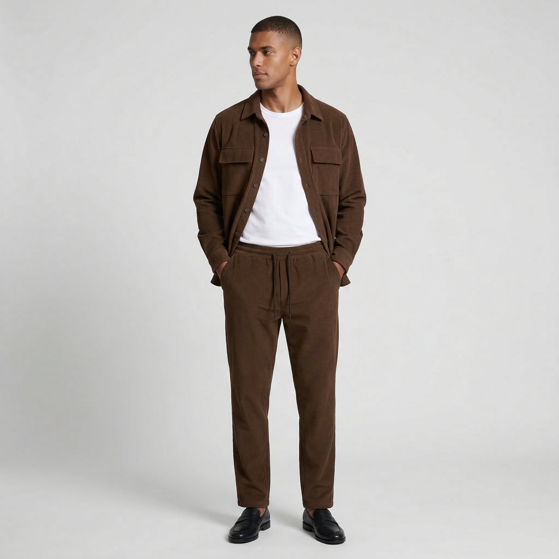 Ribbed Texture Button-Up Shirt Pants Set for Men