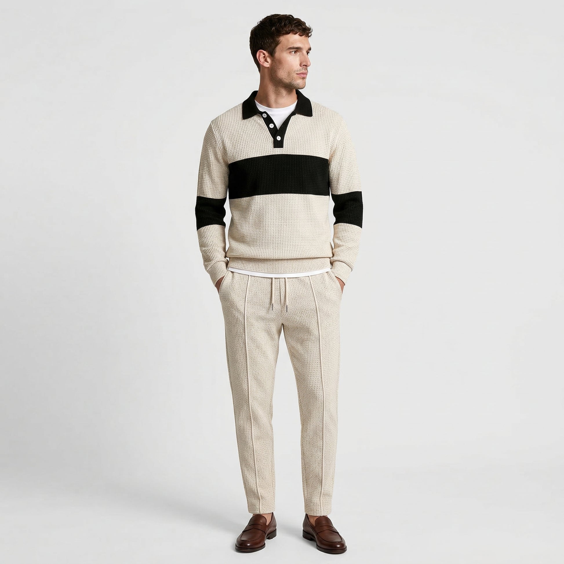 Waffle Knit Color Block Polo Sweatshirt Pants Set for Men