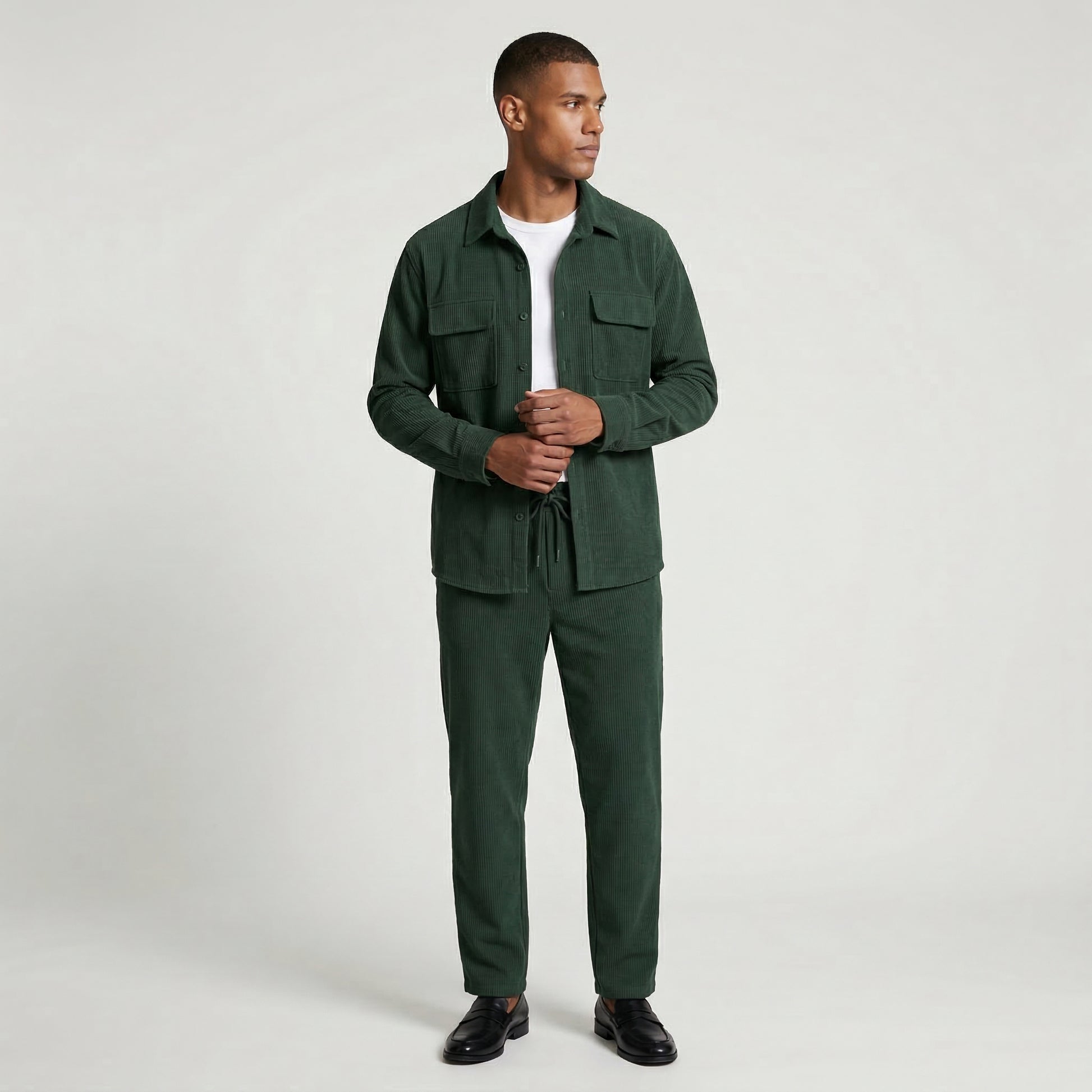 Ribbed Texture Button-Up Shirt Pants Set for Men
