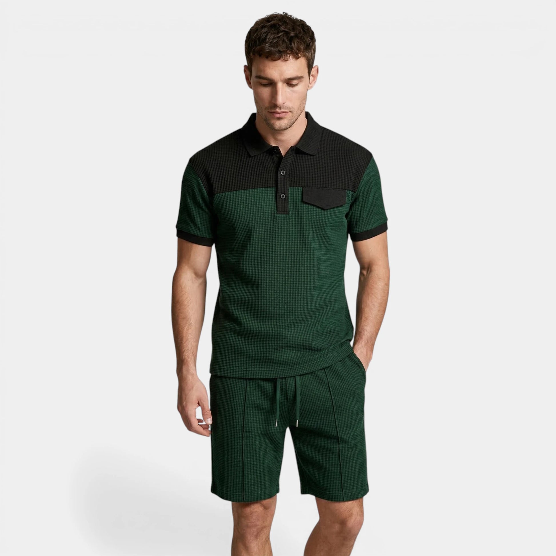 Waffle Texture Polo Shirt Shorts Set Regular Fit for Men