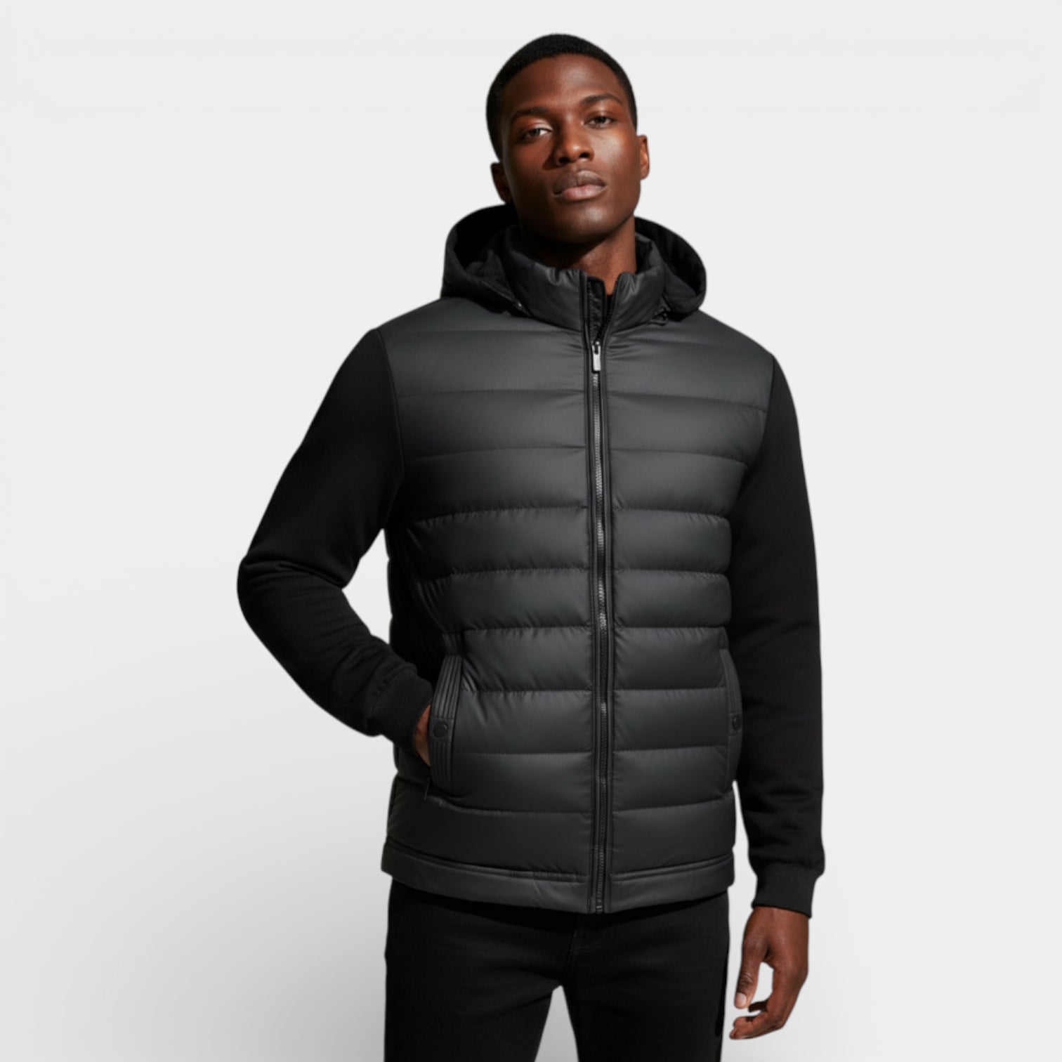 Vintares | Men’s Quilted Hooded Zip-Up Jacket - Stretch Sleeves