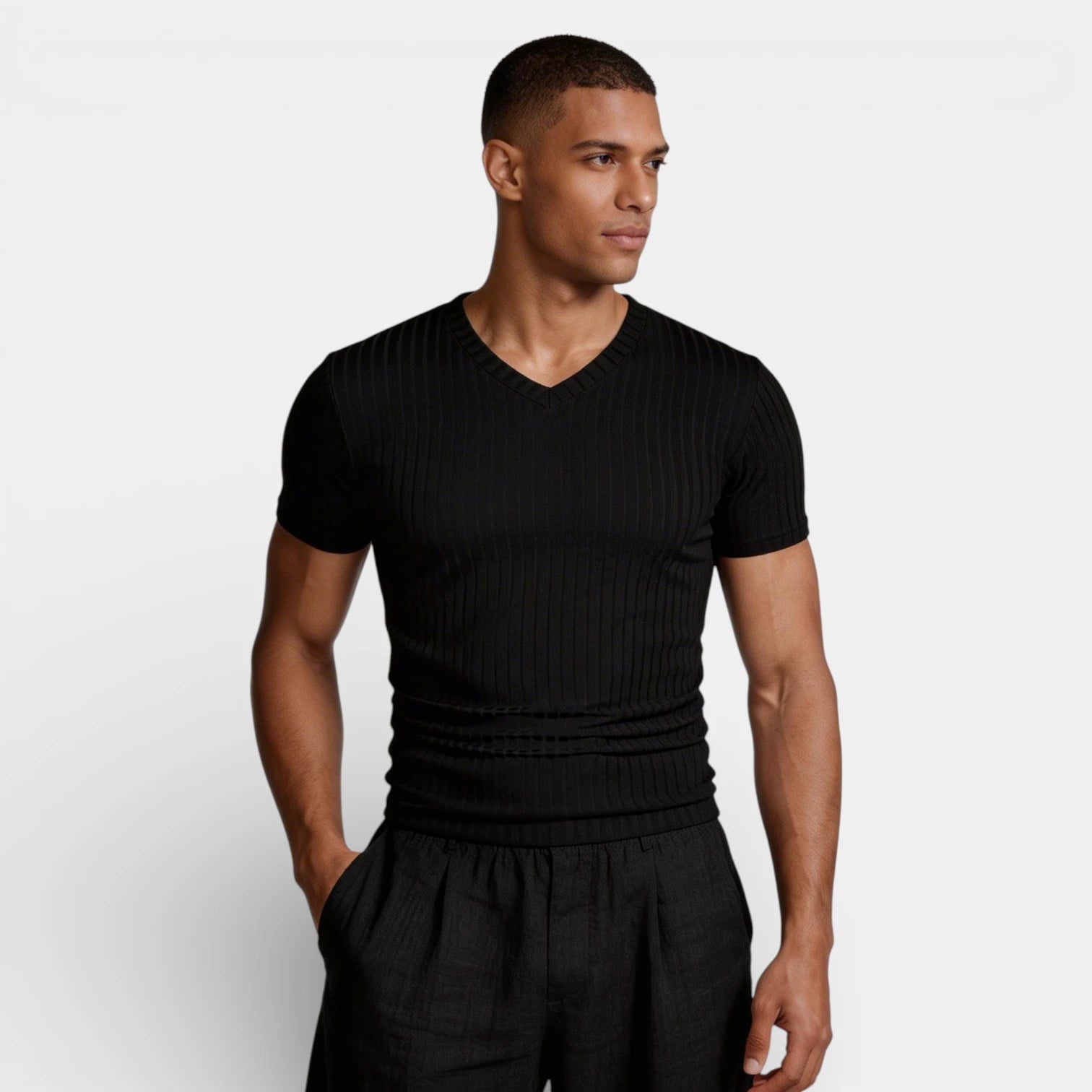 Ribbed V-Neck Knit T-Shirt Short Sleeve for Men