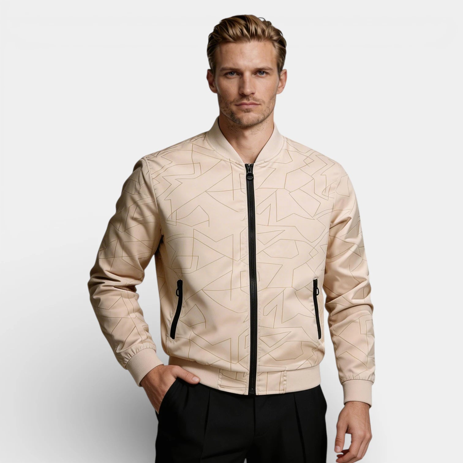 Vintares | Men’s Zip Up Bomber Jacket - Geometric Pattern Regular Fit